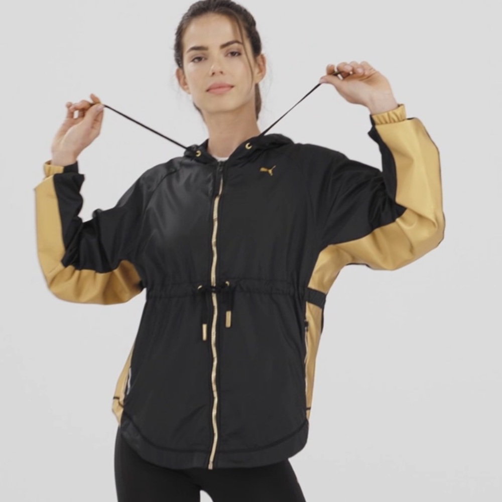🍁🍂 Puma Women’s Windbreaker Zip Jacket XS Black Gold Anorak Hooded Drawstring